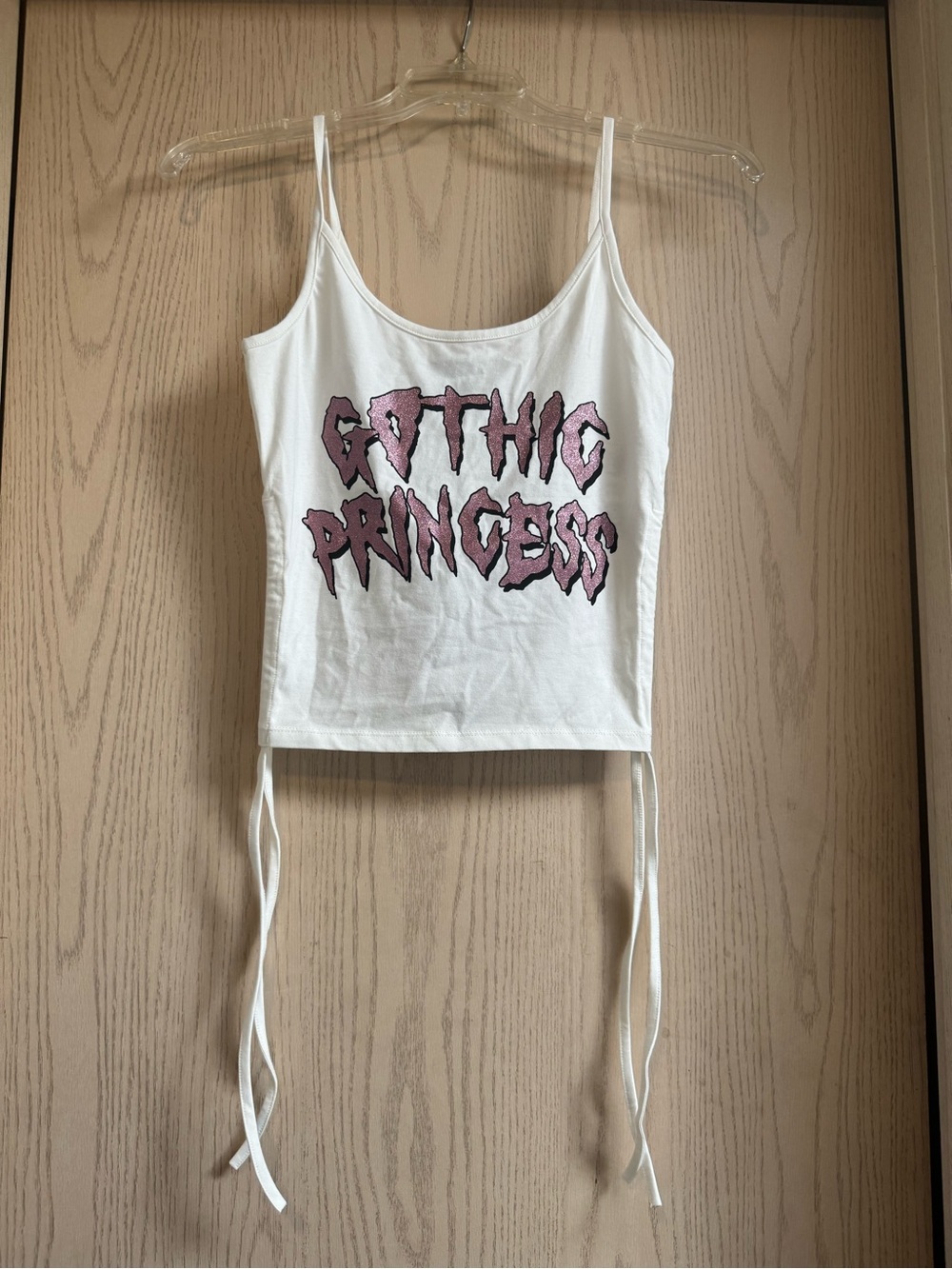 NWT NGOrder Gothic Princess Tank Top White Pink Glitter w/ Ruched Sides S/M